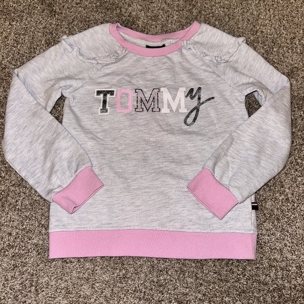 TOMMY HILFIGER girl's 6x GRAY & PINK SWEATSHIRT with ruffle trim